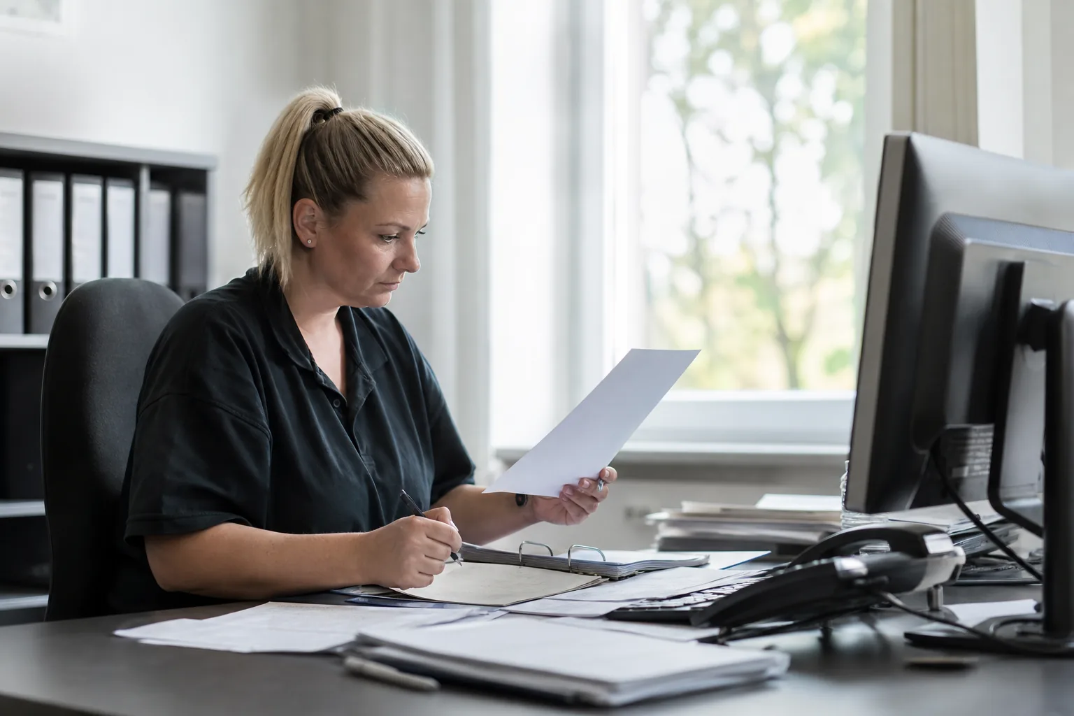 Eine Mitarbeiterin bearbeitet Personaldaten auf einem Computer im Büro