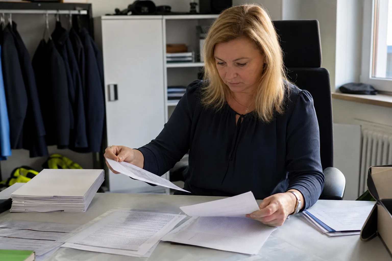 Unterlagen für die Einstellung einer Wachperson liegen geordnet auf einem Schreibtisch