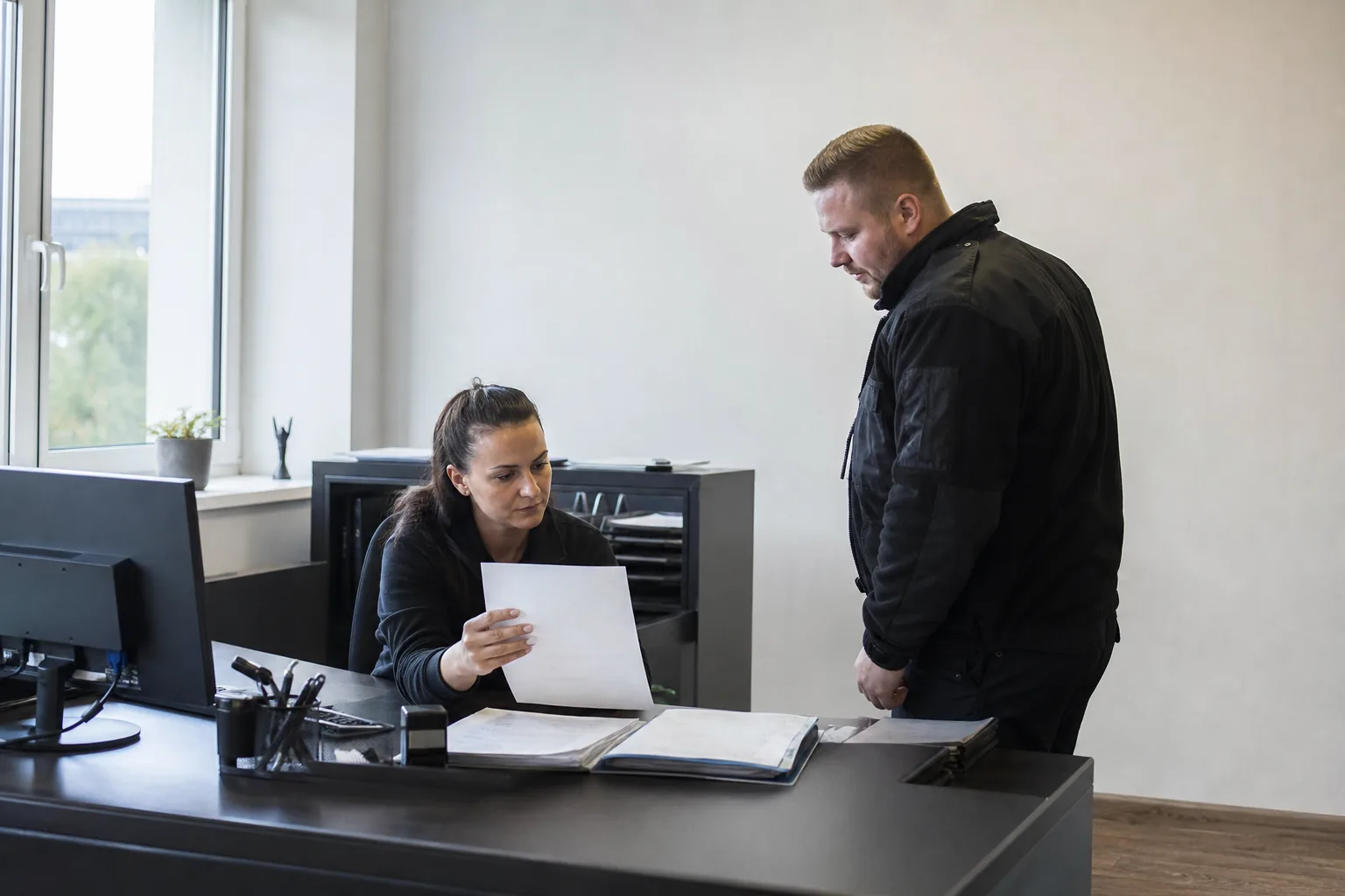 Disponentin prüft vor einem Einsatz die Unterlagen einer Wachperson